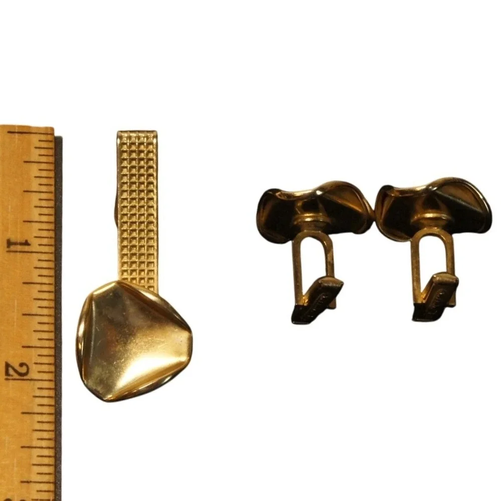 Vintage‎ Gold Tone Tie Bar & Cufflinks Set Abstract Modernist Mid Century